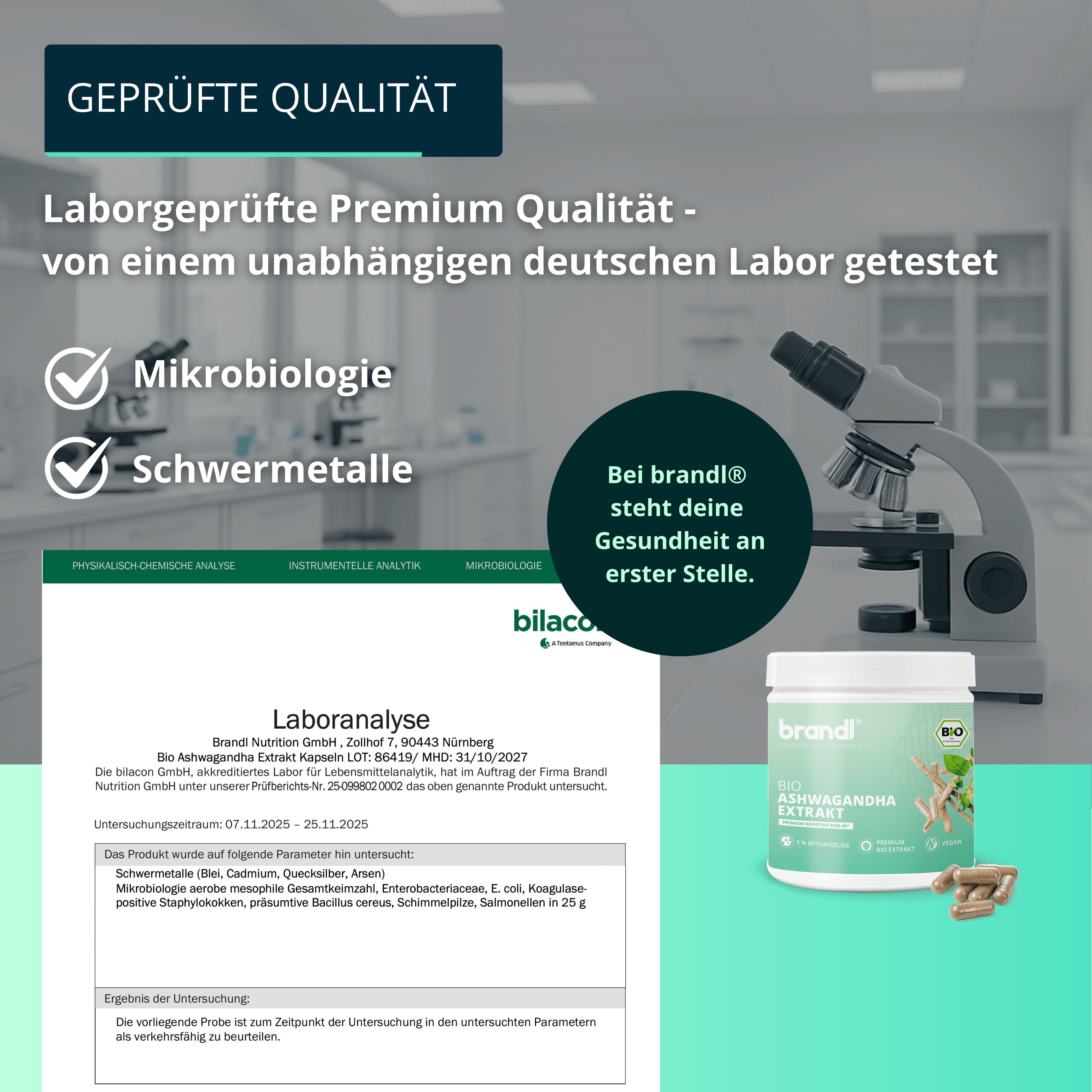 Laboranalyse-Dokument. Mikroskop. Dose mit Kapseln. Text: Premium Qualität, Laboranalyse, Mikrobiologie, Schwermetalle.