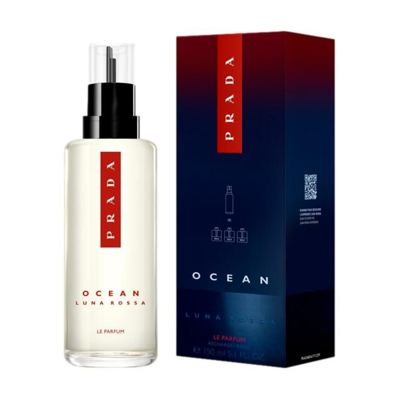 Flakon Prada Luna Rossa Ocean Le Parfum und Verpackung. Weißer Flakon mit rotem Prada-Logo. Blaue Verpackung.
