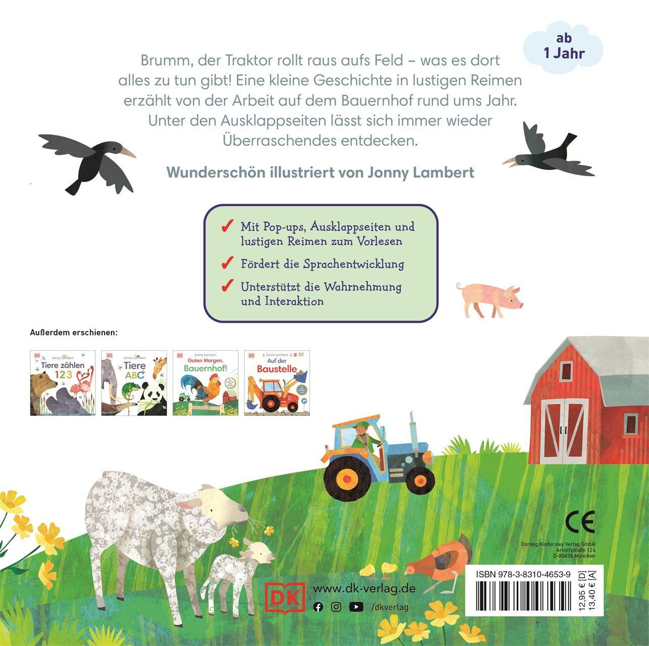 Buchrückseite "Hier kommt der Traktor!". Text, Illustrationen, Logos, und CE-Kennzeichnung.