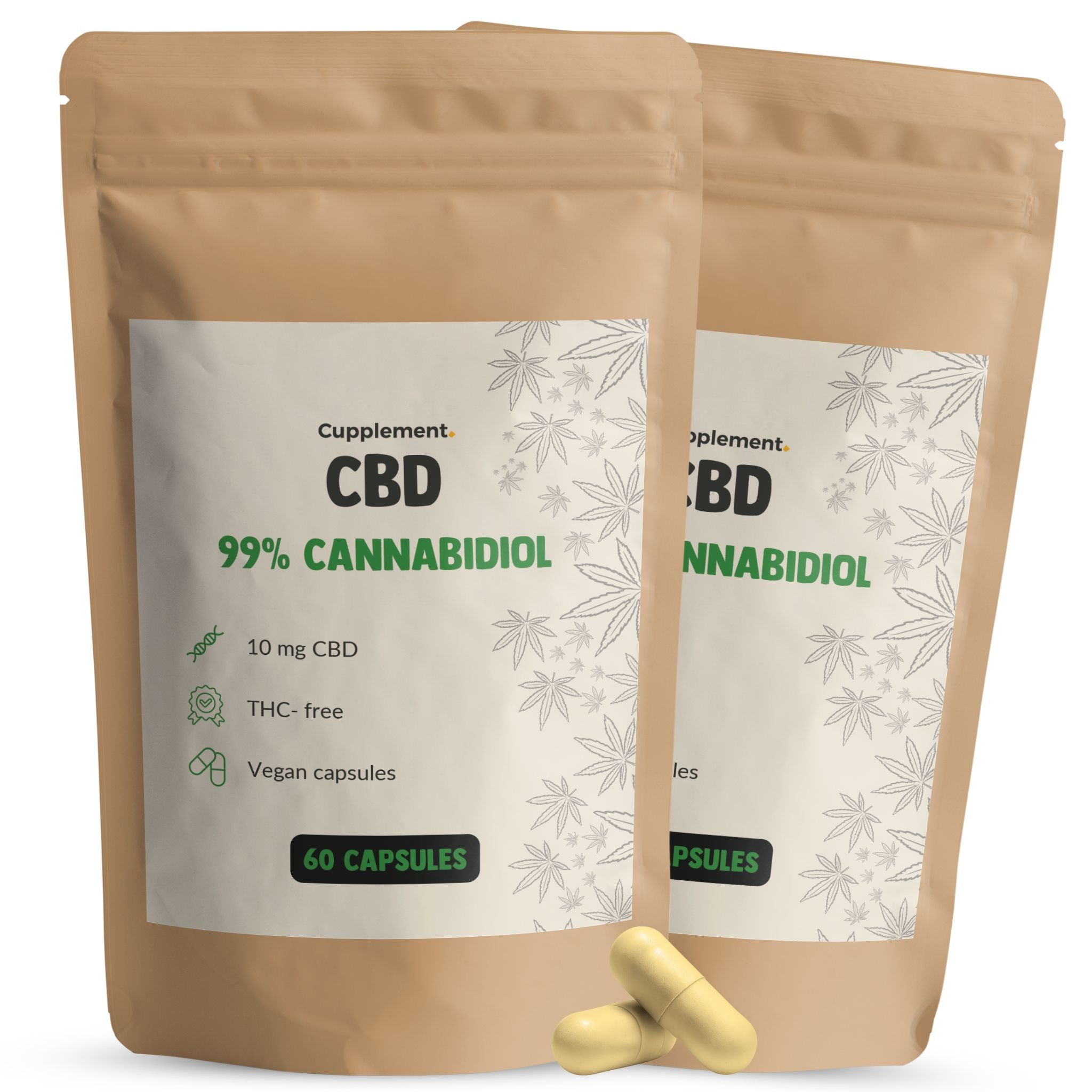 Zwei Beutel mit CBD-Kapseln. Aufschrift: CBD, 99% Cannabidiol, 10 mg CBD, THC-frei, vegane Kapseln, 60 Kapseln. Zwei Kapseln liegen daneben.
