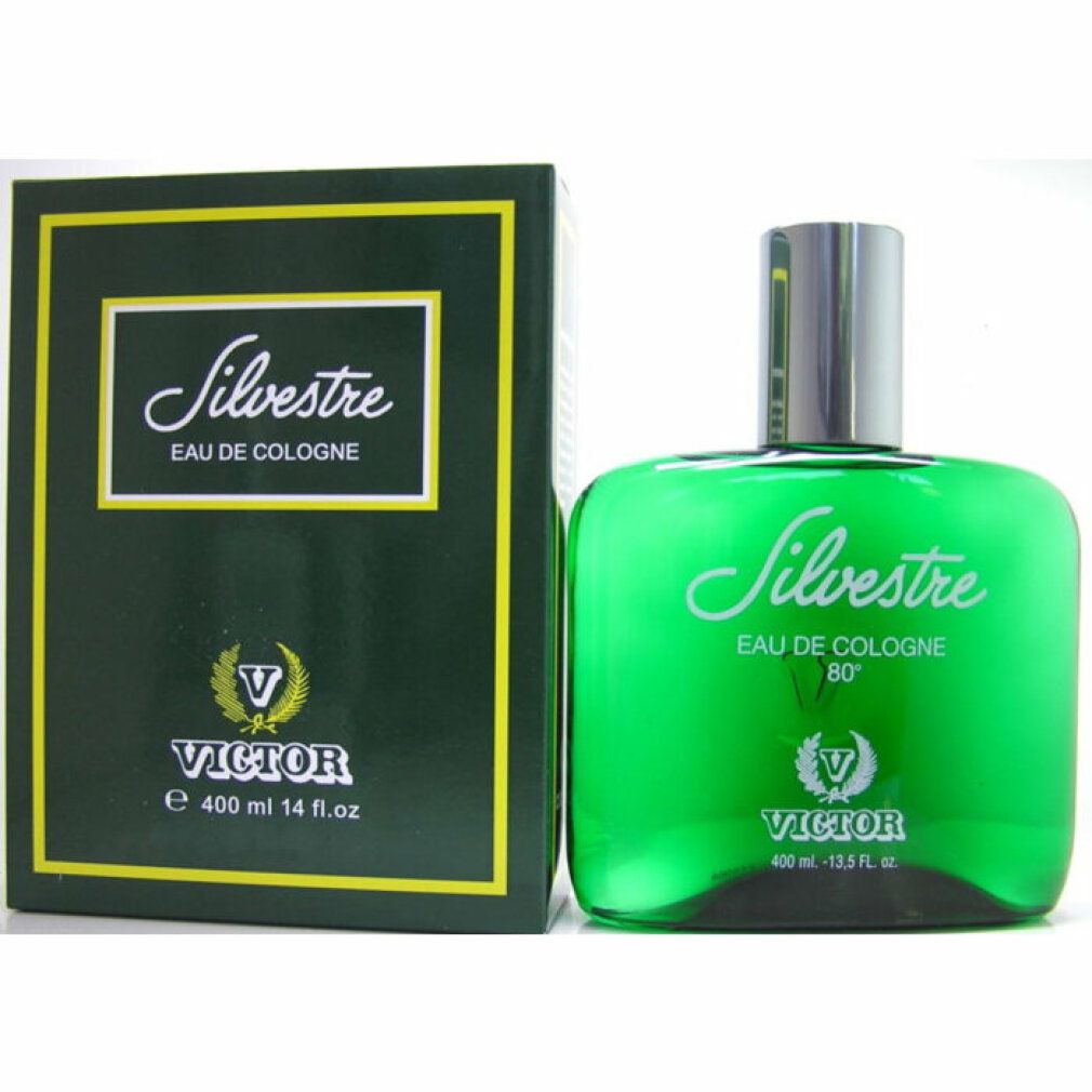 Grüne Flasche und Schachtel. Aufschrift Silvestre Eau de Cologne. Marke Victor. Volumen 400 ml.