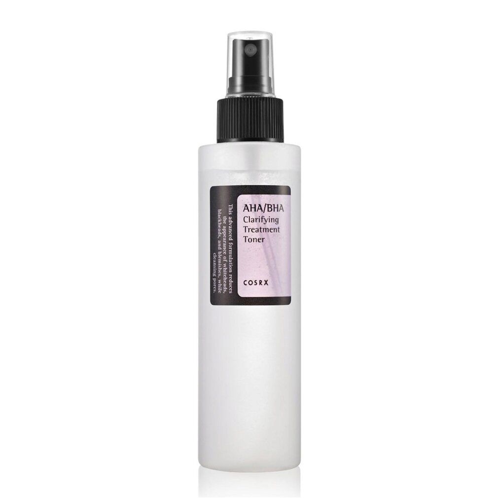 Weiße Flasche mit schwarzem Sprühkopf. Aufkleber mit Produktnamen und Marke COSRX. 150 ml.