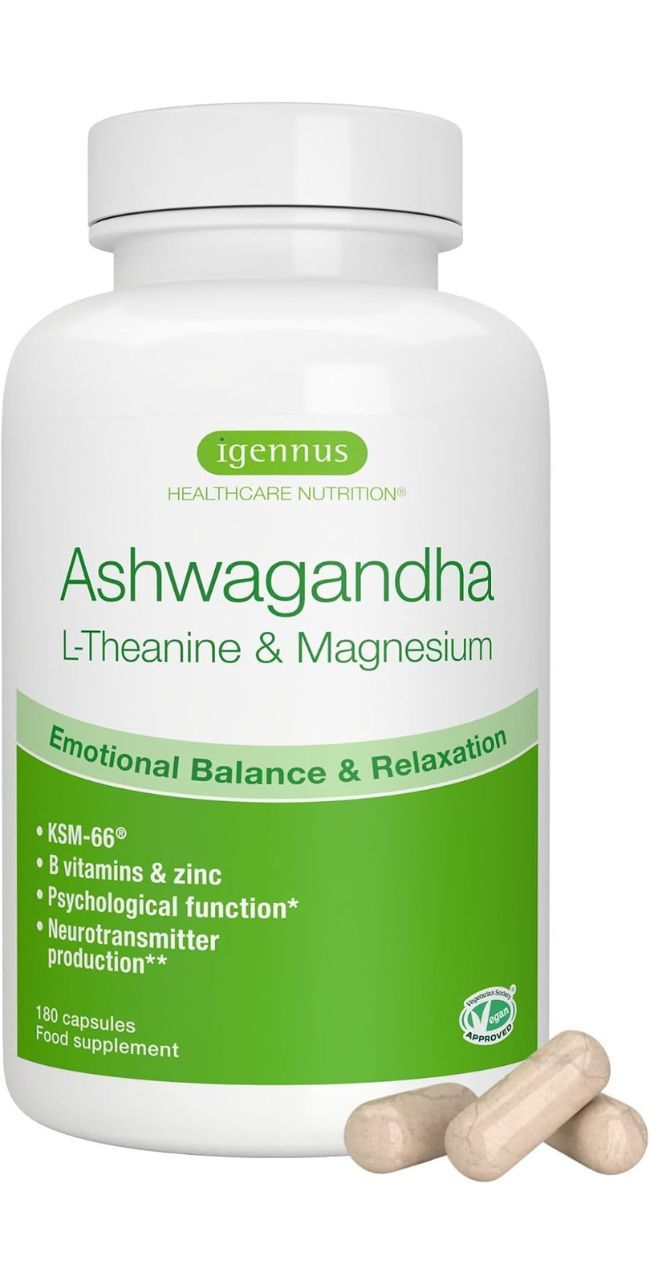 Weiße Dose mit Ashwagandha, L-Theanin & Magnesium Kapseln. Zwei Kapseln liegen daneben.