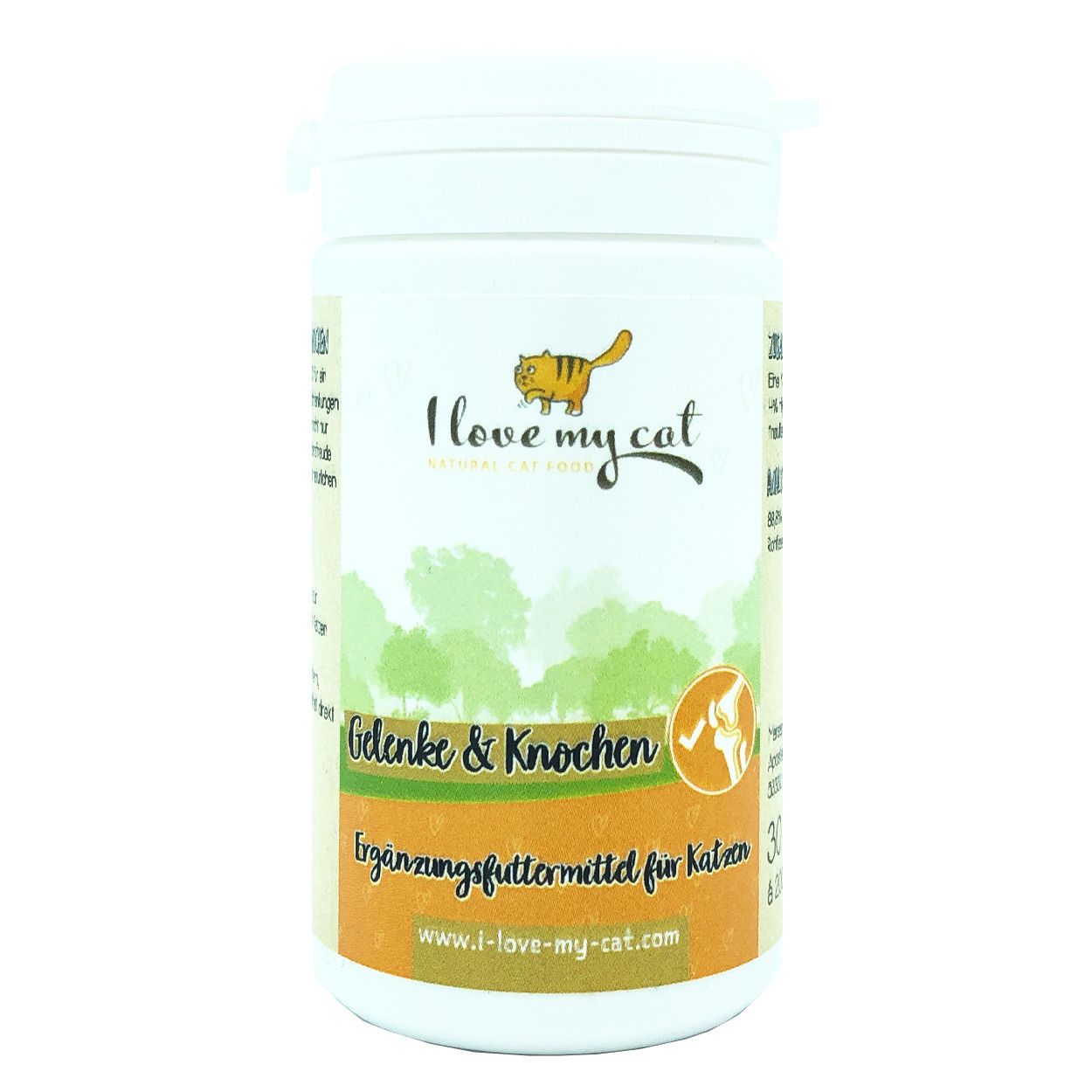 Weiße Dose mit Etikett. Aufschrift: I love my cat, Gelenke & Knochen. Ergänzungsfuttermittel für Katzen. Logo: Katze.