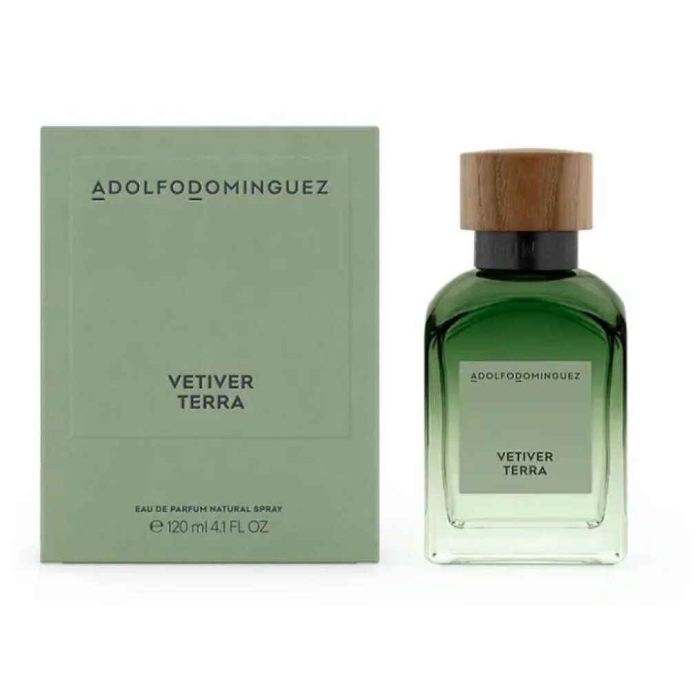 Grüne Schachtel und Flakon. Aufschrift: ADOLFODOMINGUEZ, VETIVER TERRA. Flakon mit Holzverschluss. 120 ml.