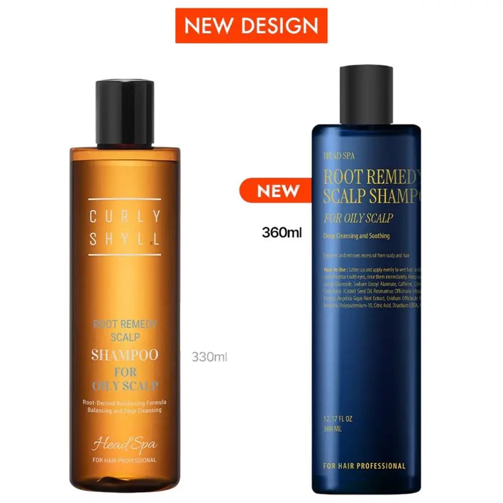 Zwei Flaschen Root Remedy Shampoo: eine goldene 330 ml, eine blaue 360 ml.