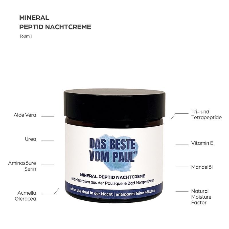 Tiegel mit Nachtcreme. Text: DAS BESTE VOM PAUL. Inhaltsstoffe: Aloe Vera, Urea, Aminosäure Serin, Acmella Oleracea.