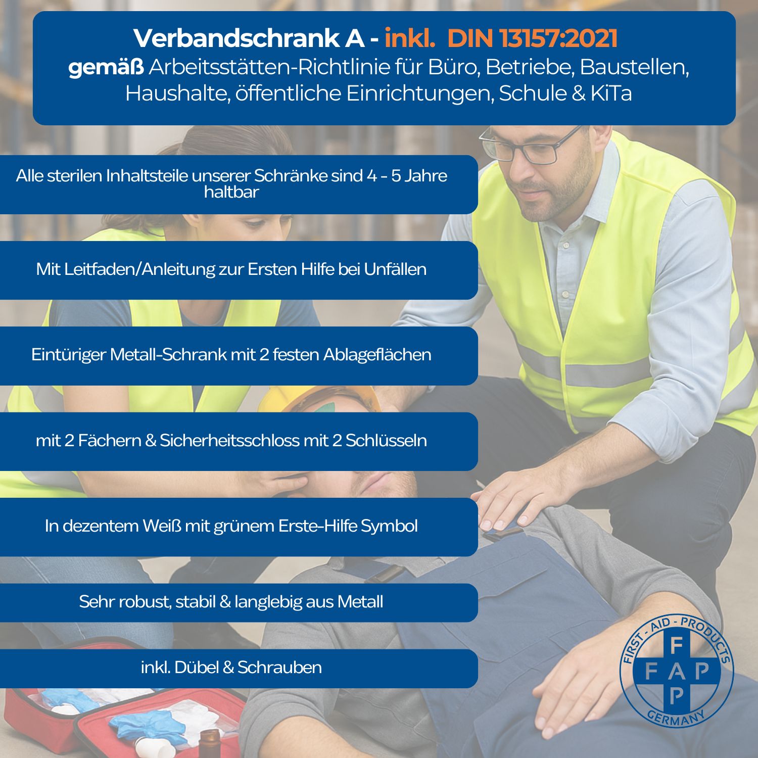 Verbandschrank A, Metall, weiß, mit grünem Kreuz. Mit 2 Fächern, Schloss, 2 Schlüsseln. DIN 13157.