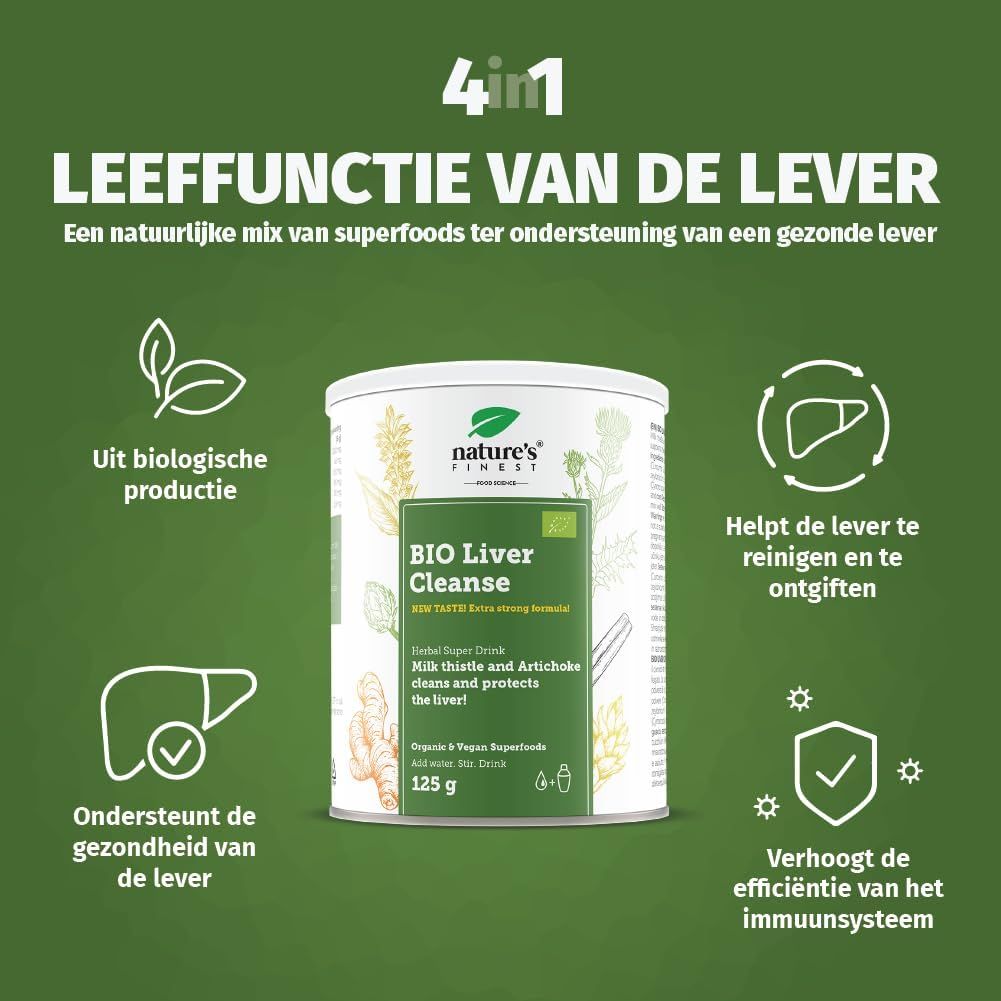 Blik Nature's Finest BIO LIVER CLEANSE. Tekst: BIO Liver Cleanse, 125g. Met illustraties en iconen.