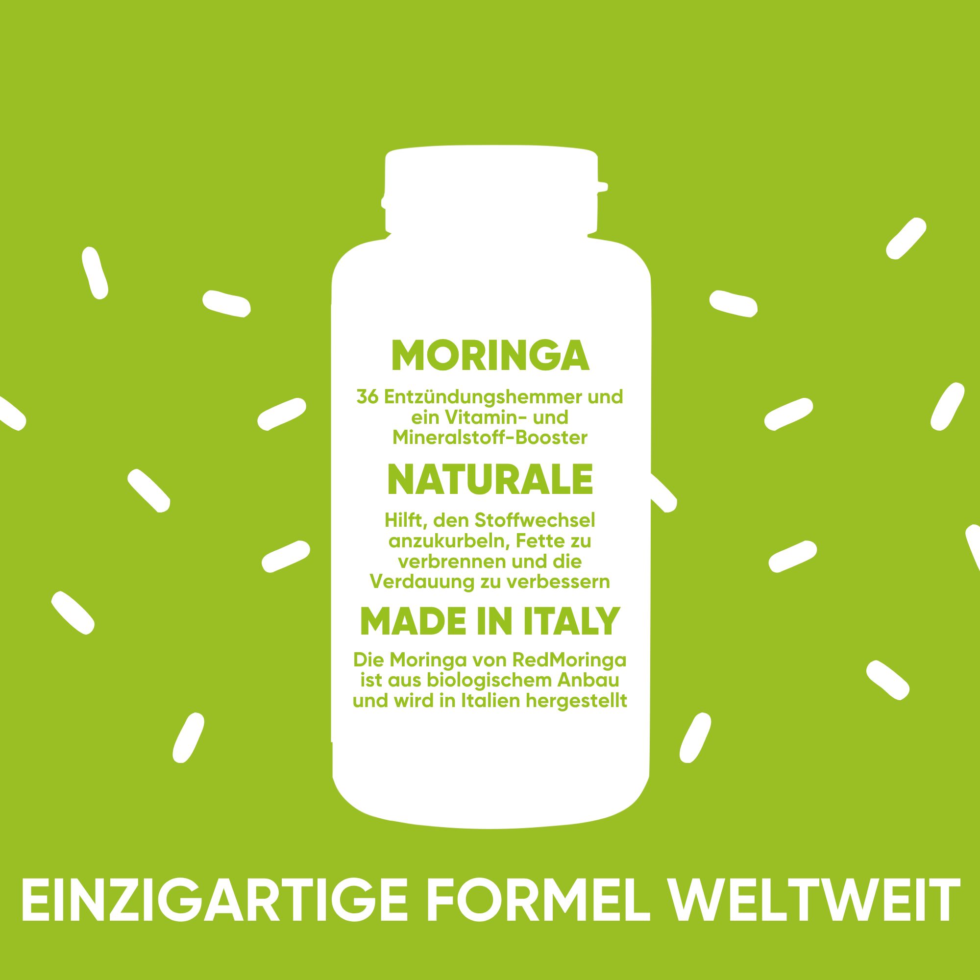 Flasche mit Moringa-Kapseln, Made in Italy, einzigartige Formel weltweit.