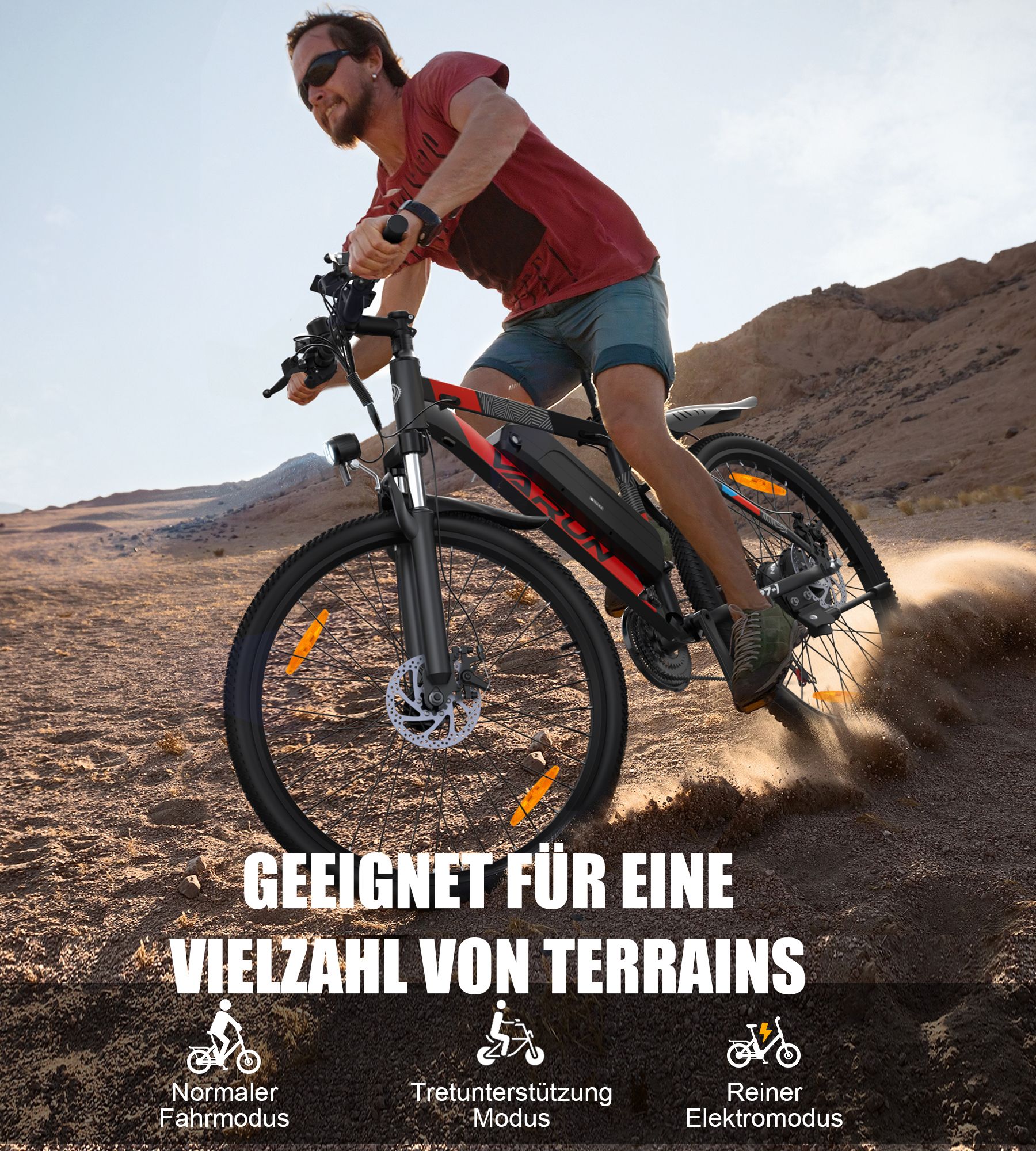 Mountainbike im Gelände. Modi: Normal, Tretunterstützung, reiner Elektromodus. VARUN-Logo.