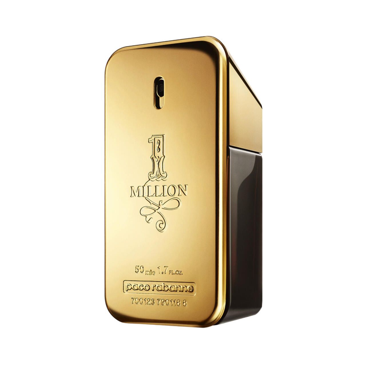 Goldfarbener Flakon mit Aufschrift "1 Million" und "paco rabanne". Eckige Form, schwarzer Teil unten.