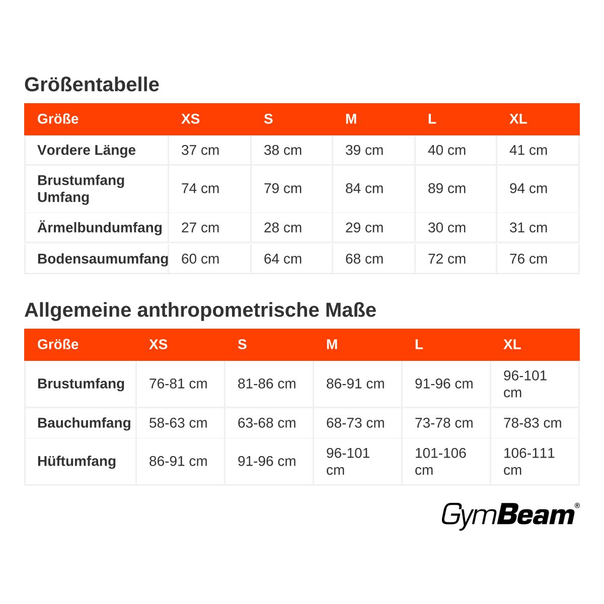 Größentabelle für GymBeam Damen T-Shirts mit Maßen für Länge, Brust-, Ärmel- und Saumumfang.