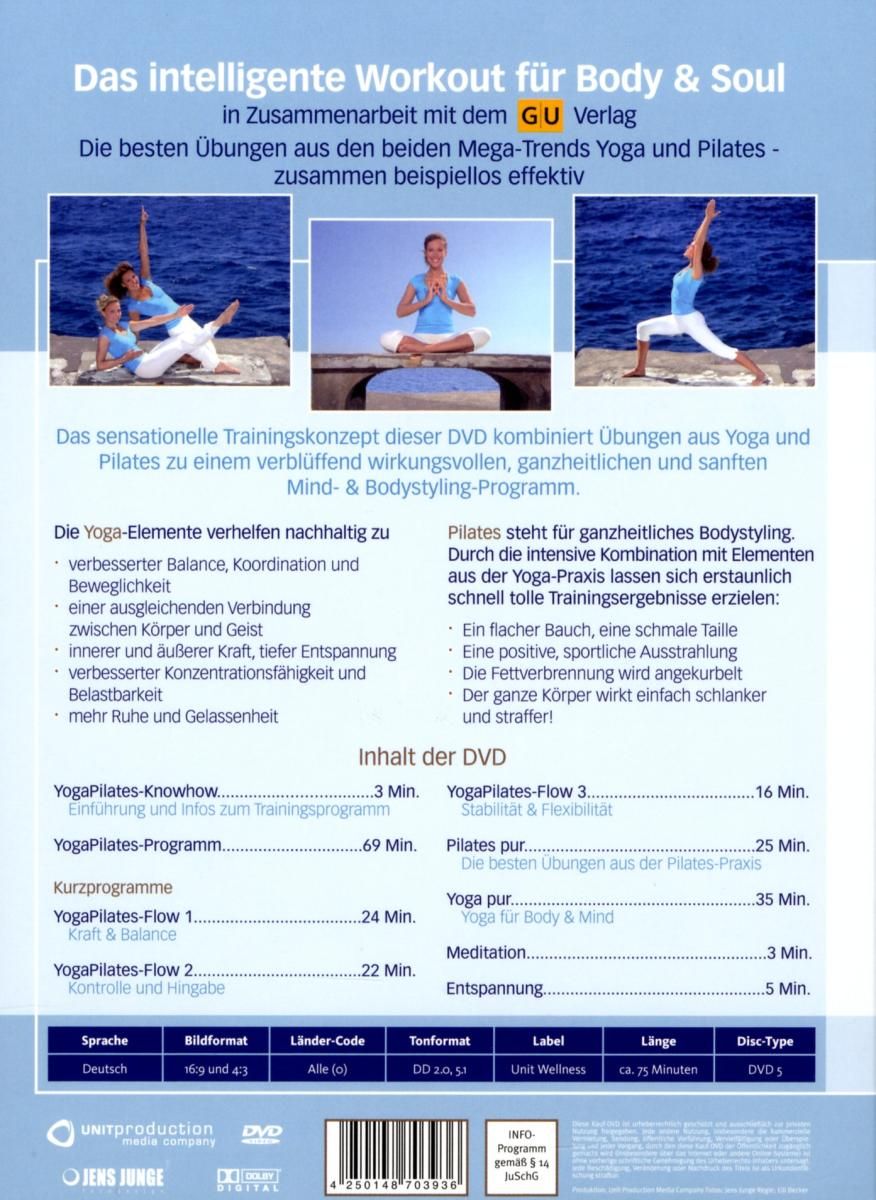 Rückseite der DVD "Yoga Pilates-Vital". Text und Bilder von Yoga-Übungen. Inhaltsangabe und Logo.