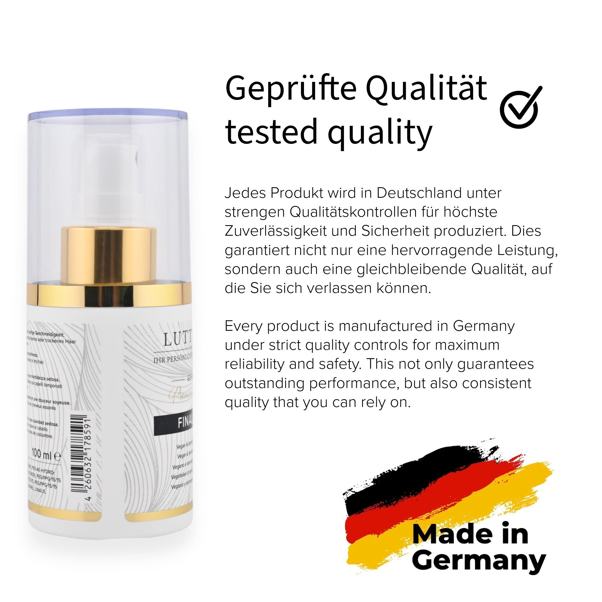 Haarspitzenfluid-Flasche mit Text. Text: Geprüfte Qualität, hergestellt in Deutschland, 100 ml.
