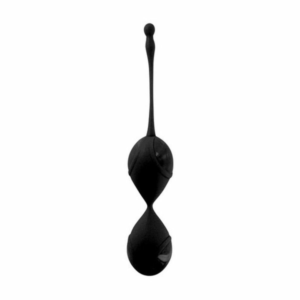 Zwei schwarze, tropfenförmige Kugeln, verbunden durch ein schmales Mittelstück, mit langem Griff.