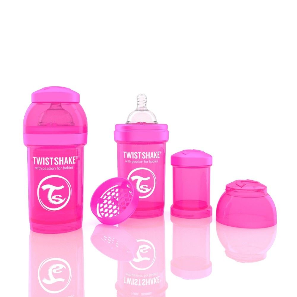 Rosa Babyflasche mit Zubehör. Sichtbar: Flasche, Sauger, Deckel, Behälter. Aufschrift: Twistshake.