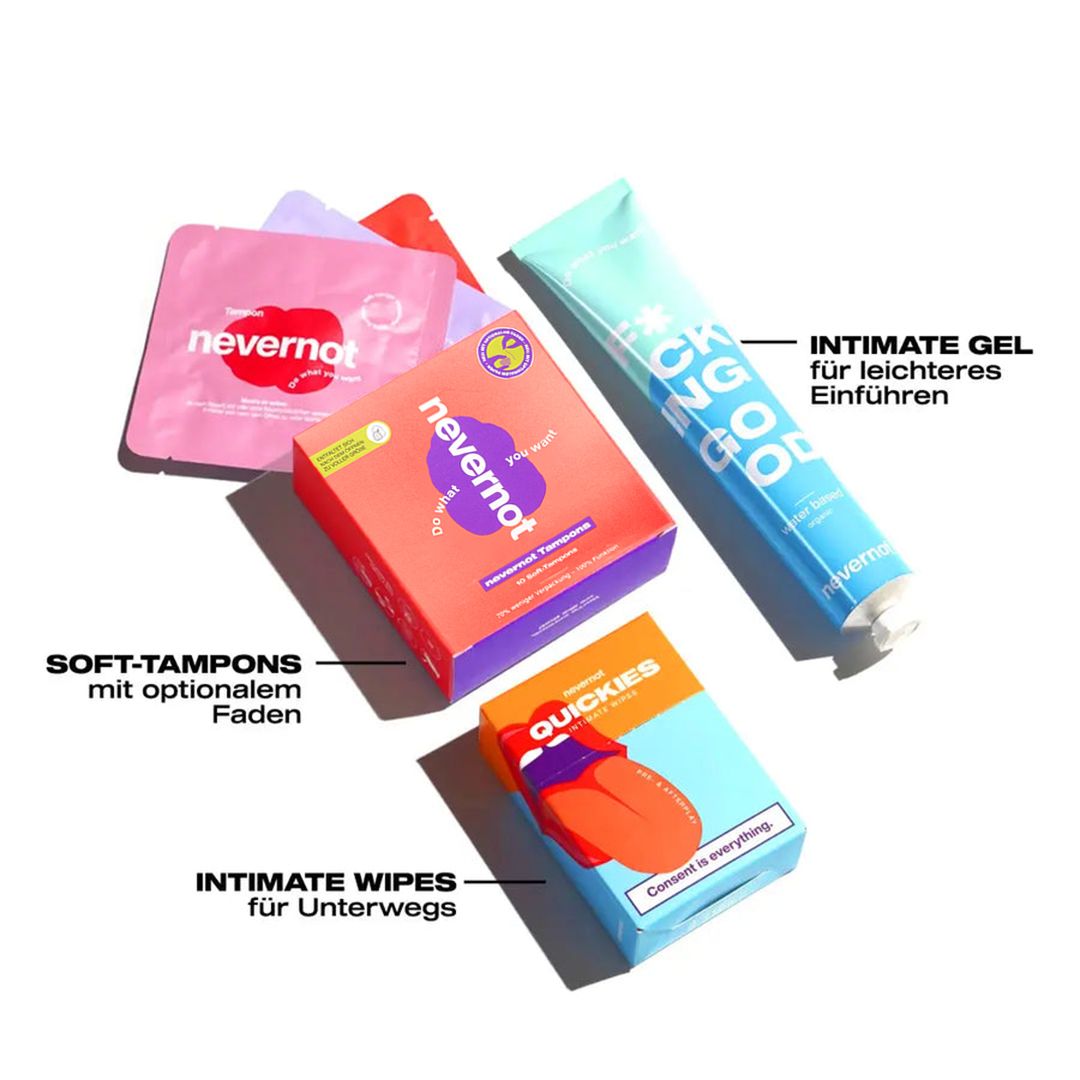 Verschiedene Produkte: Intim-Gel, Intim-Tücher, Soft-Tampons. Verpackungen mit Text und Logo.