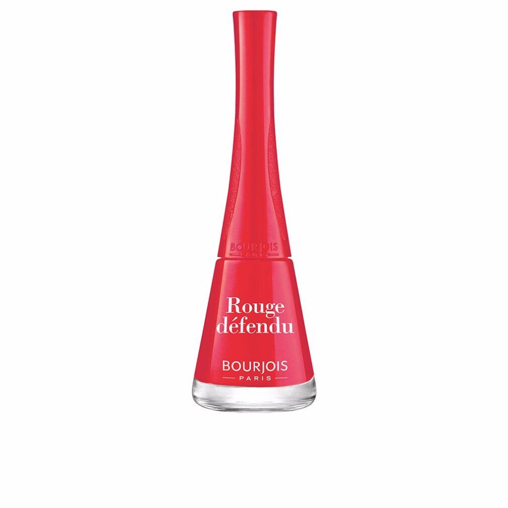Roter Nagellackflakon. Aufschrift: Rouge défendu, Bourjois Paris. Glasflakon mit rotem Deckel.