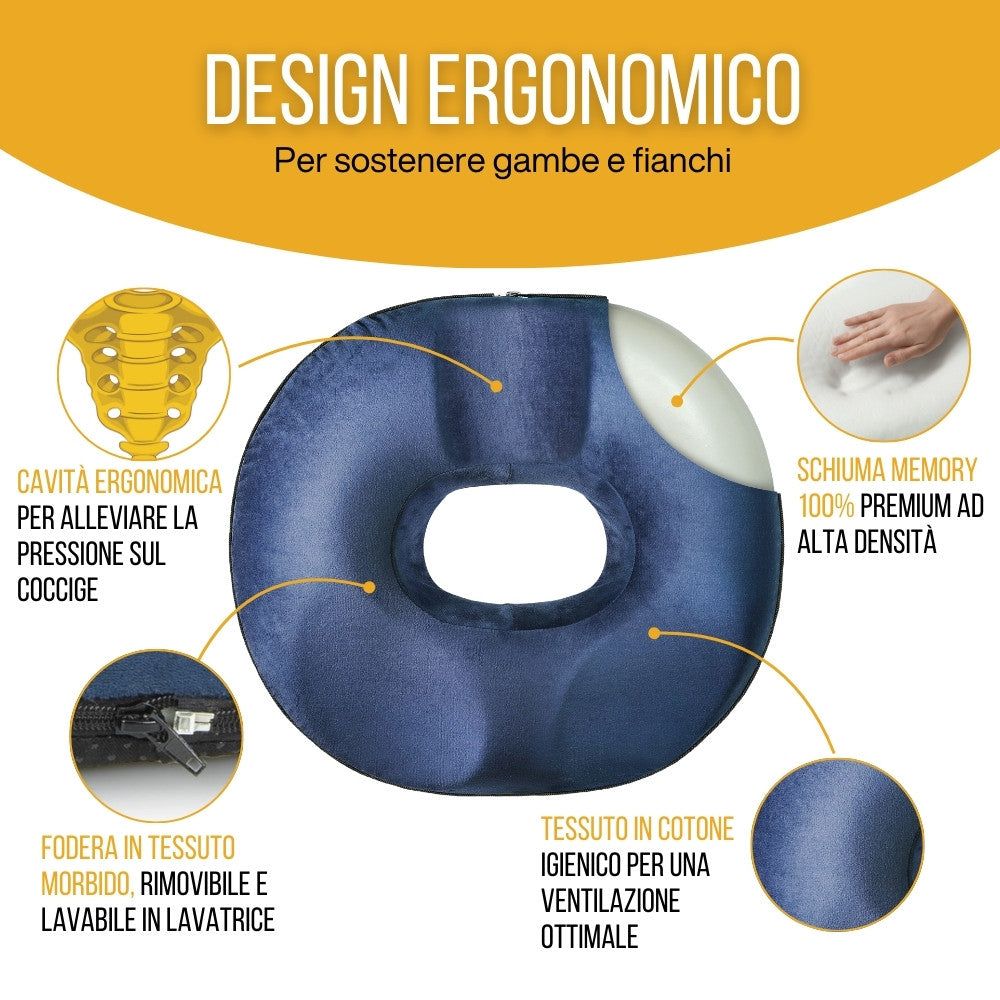 Cuscino a ciambella blu. Design ergonomico. Caratteristiche: foro, zip, memory foam, cotone.