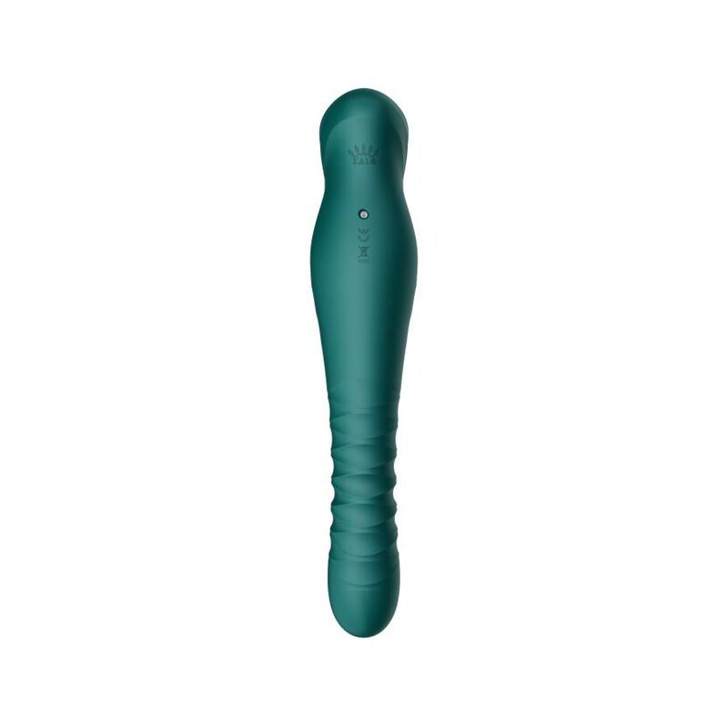 Türkisfarbener Vibrator. Geformter Schaft mit Bedienknöpfen. Rückseite.