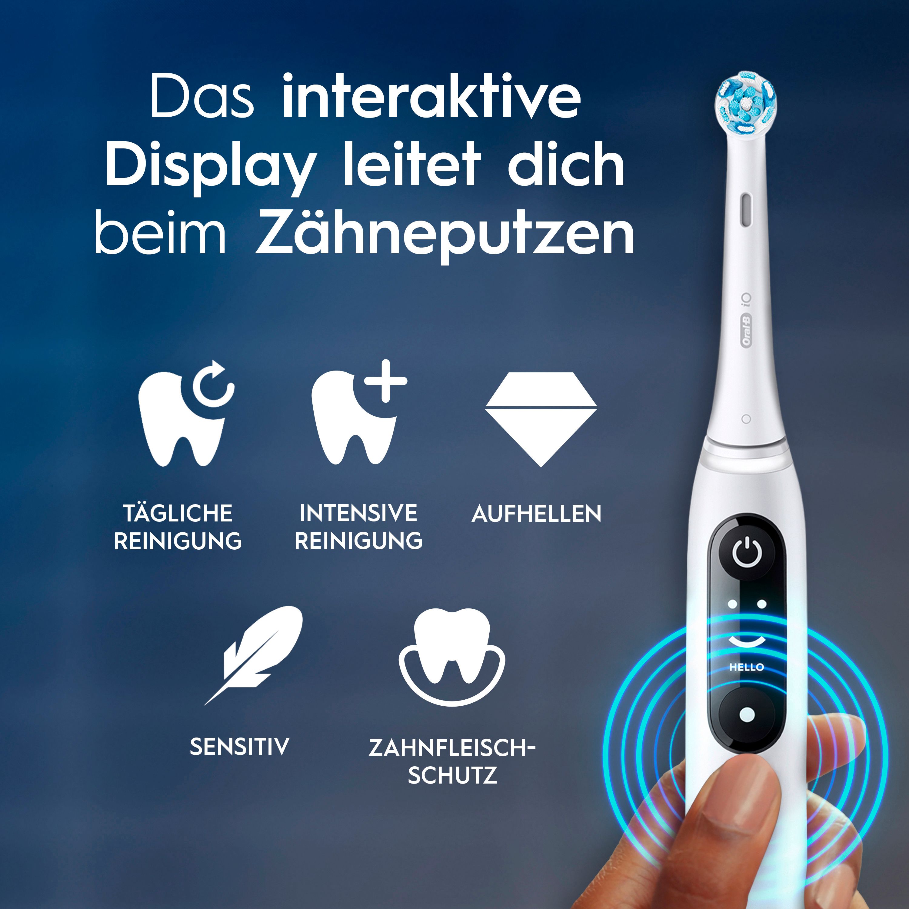 Oral-B iO Series 6 elektrische Zahnbürste. Funktionen: tägliche Reinigung, intensive Reinigung, Aufhellen, Sensitiv.