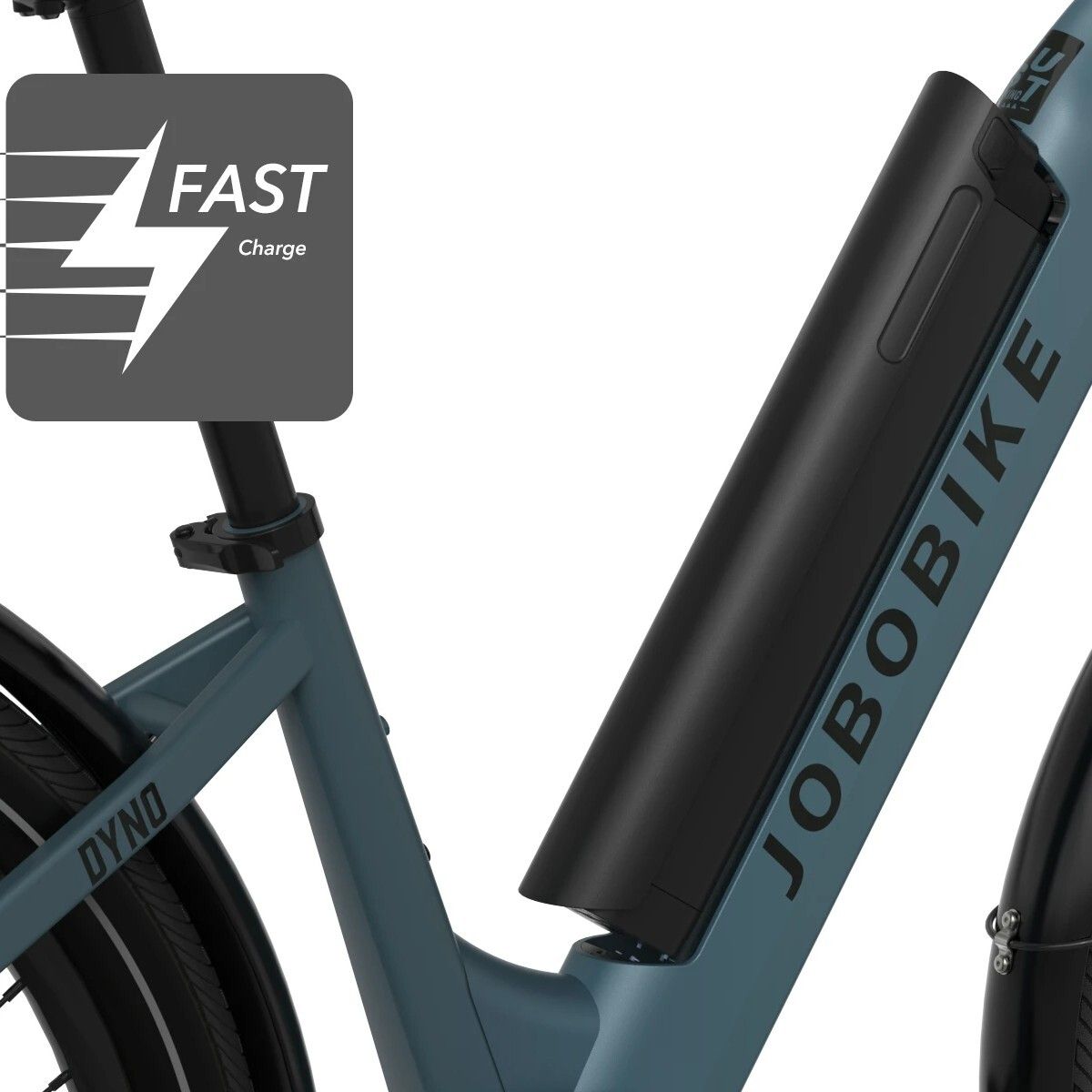 Nahaufnahme des Rahmens einer blauen E-Bike. JOBOBIKE-Logo und DYNO-Schriftzug. Schwarzer Akku.