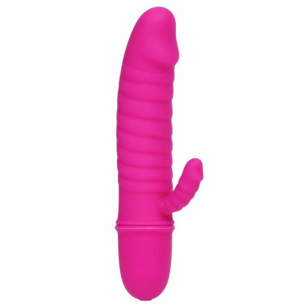 Pinkfarbener Vibrator mit geriffelter Oberfläche und Klitoris-Stimulator. Auf weißem Hintergrund.