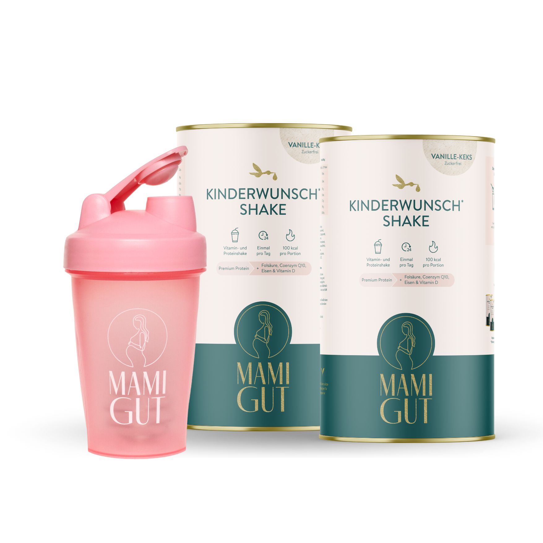 Zwei Dosen und ein Shaker. Aufschrift: Vanille-Keks, Kinderwunsch Shake, Mami Gut. Shaker rosa mit Logo.