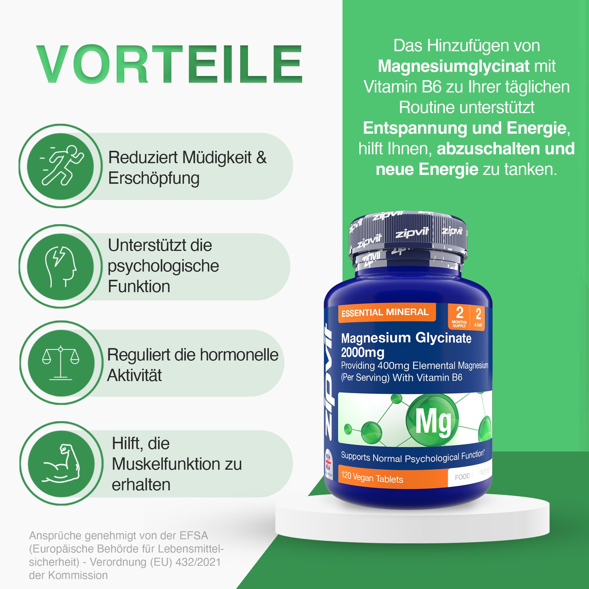 Blaue Flasche mit Zipvit Magnesium Glycinat 2000mg. Text: Vorteile, reduziert Müdigkeit, unterstützt psychologische Funktion, reguliert hormonelle Aktivität.