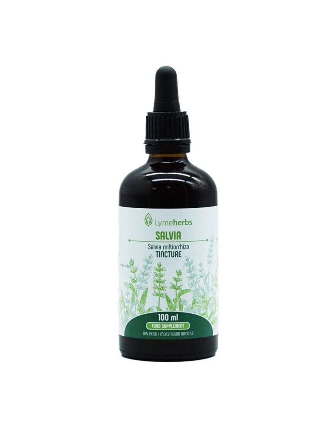 Braune Glasflasche mit Pipette. Etikett mit Produktnamen und Pflanzenillustrationen. Marke: Lymeherbs.
