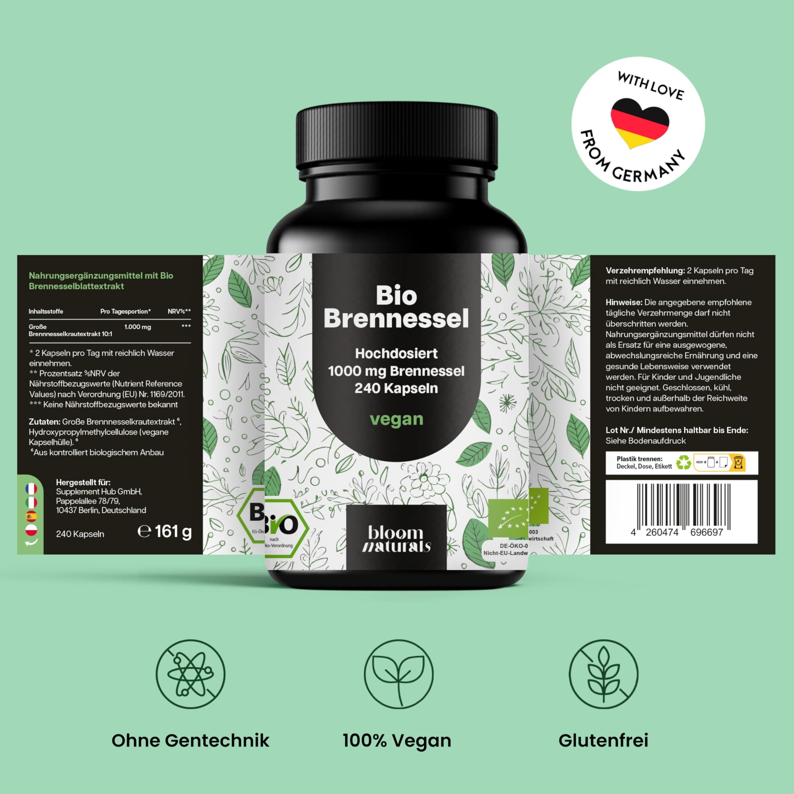 Flasche mit Etikett: Bio Brennessel, 240 Kapseln, vegan. Text: Ohne Gentechnik, 100% Vegan, Glutenfrei. Bio-Siegel.