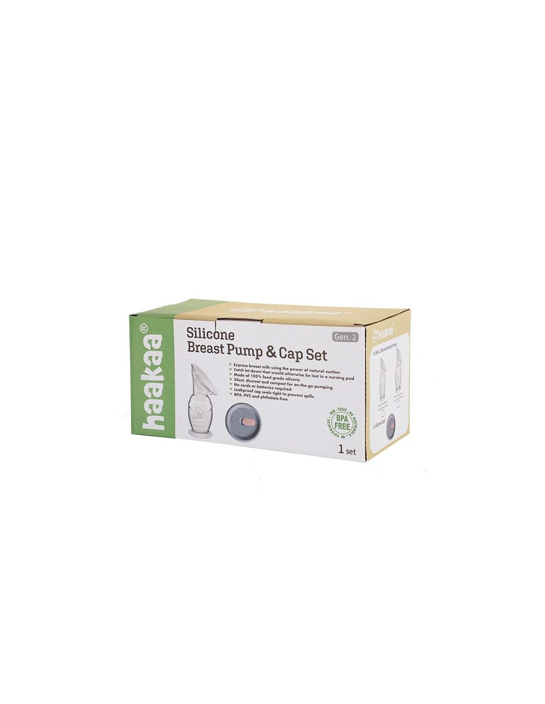 Verpackung für eine Silikon-Muttermilchpumpe mit Deckel. Auf der Verpackung steht "Silicone Breast Pump & Cap Set".