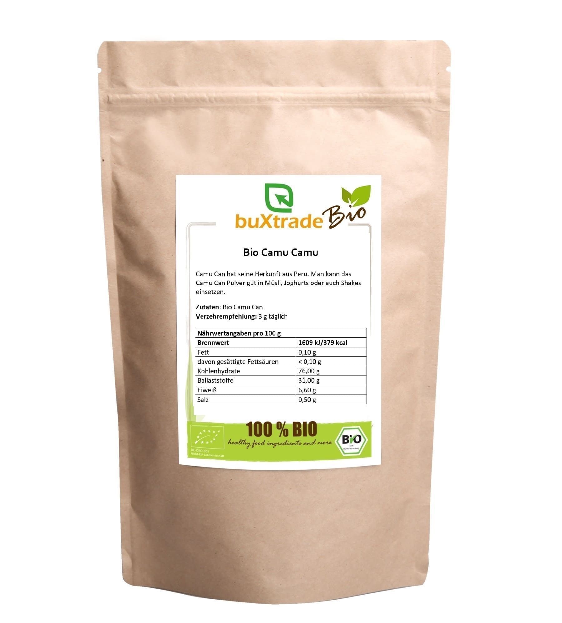 Beutel mit Bio Camu Camu Pulver. Aufdruck mit Produktnamen, Nährwertangaben und Bio-Siegel. Braune Papierverpackung.