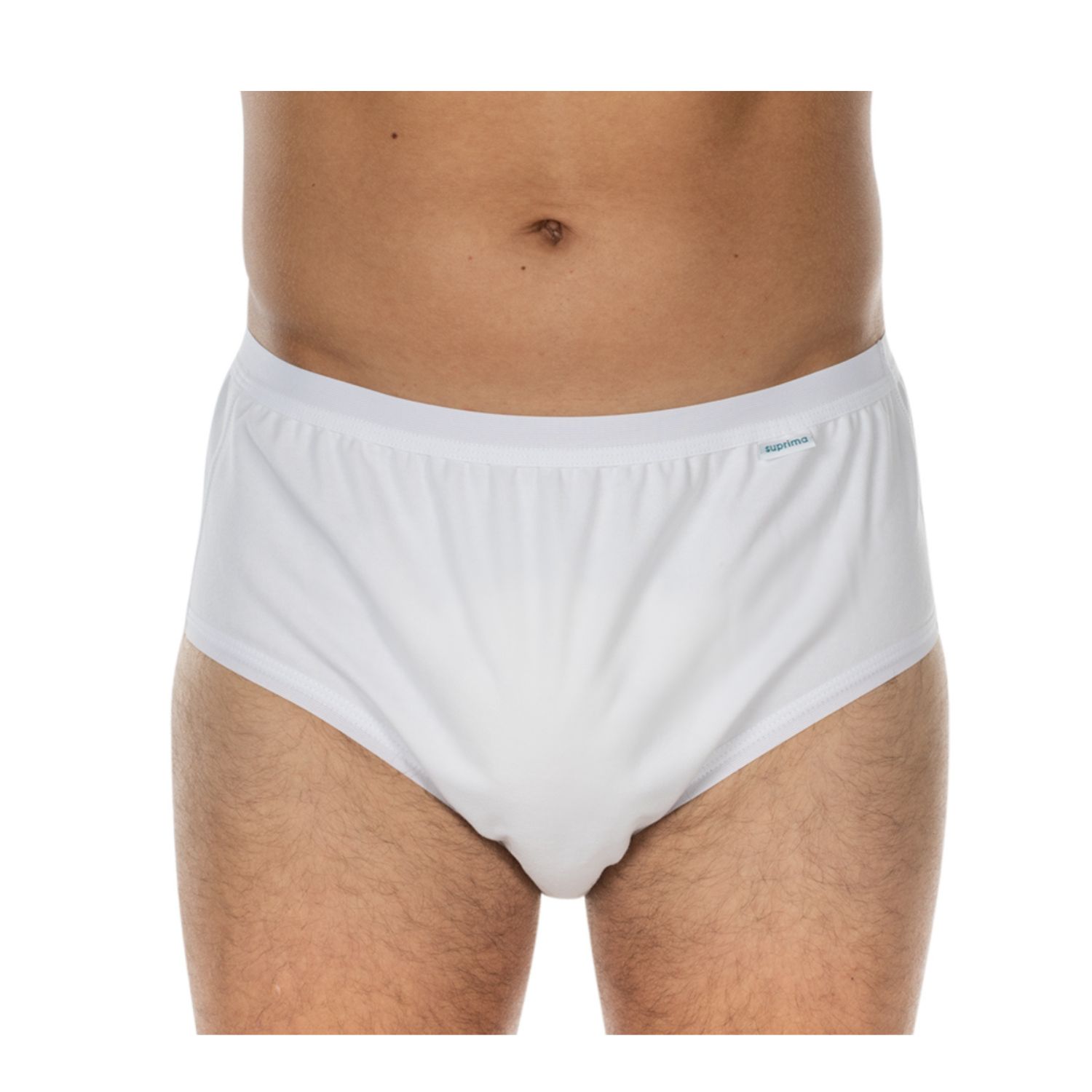 Weißer Inkontinenz-Slip, Vorderansicht. Auf einer Person getragen.
