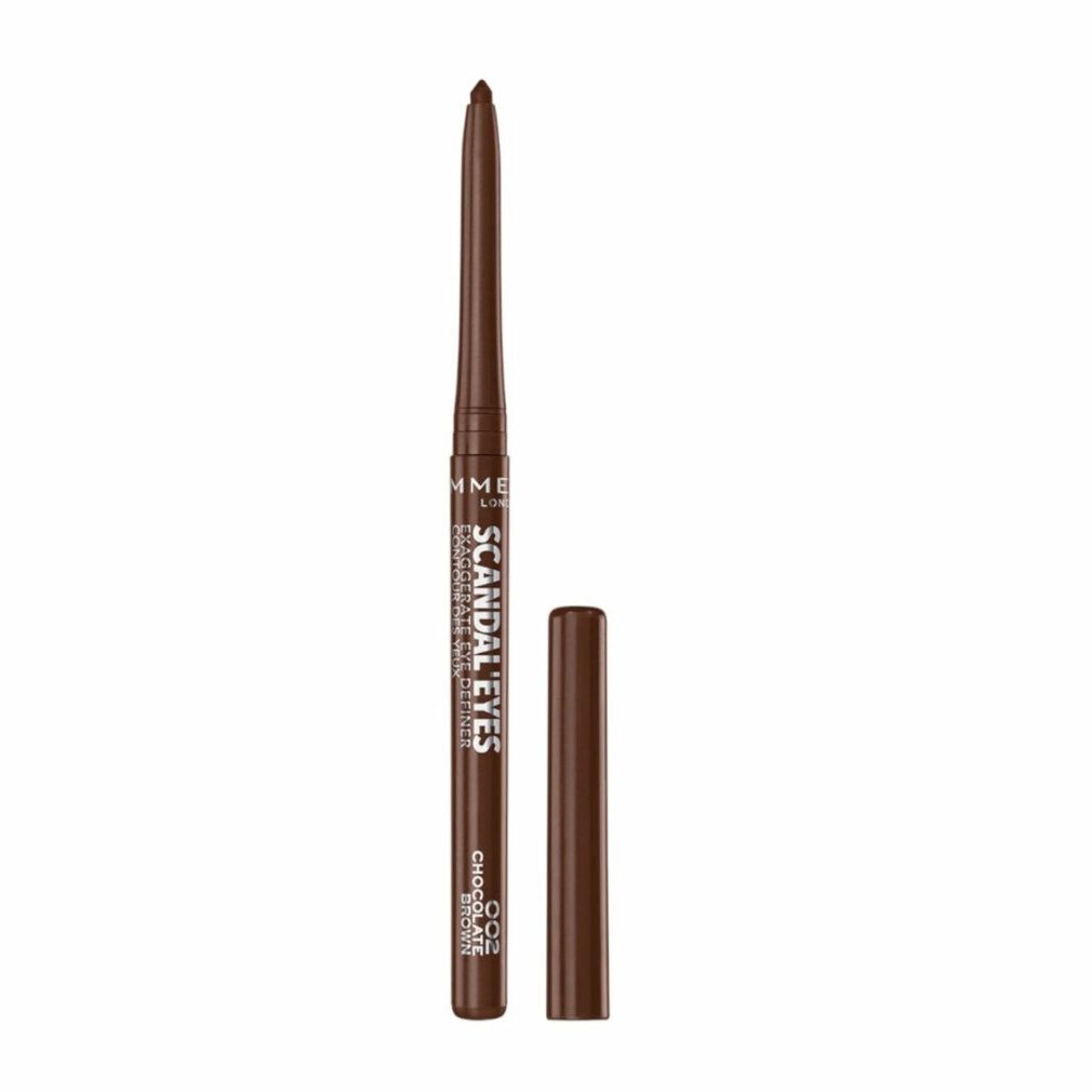 Brauner Rimmel London Scandaleyes Automatic Eyeliner. Stift mit geöffneter Kappe. Aufschrift: Scandaleyes, Chocolate 002.
