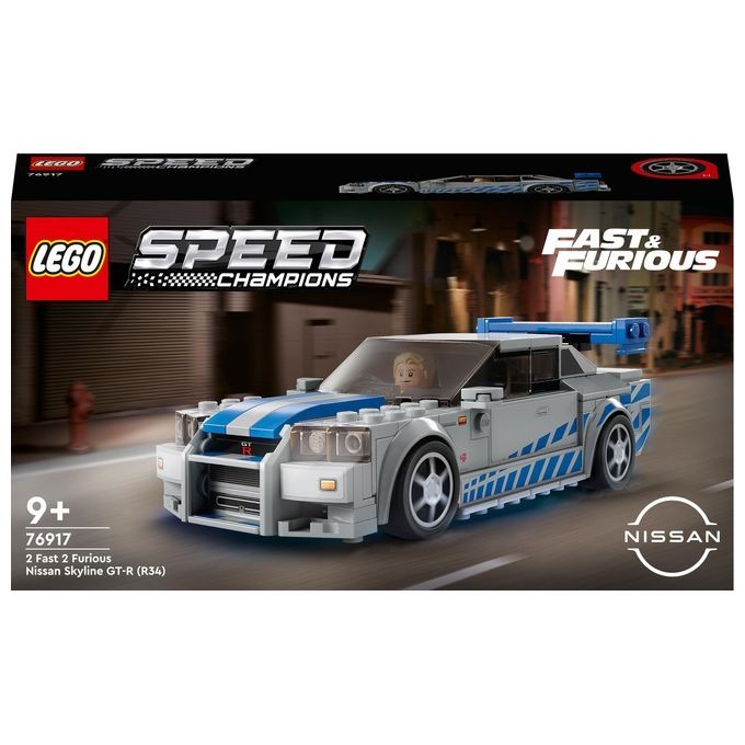 Set LEGO Speed Champions della Nissan Skyline GT-R (R34) di 2 Fast 2 Furious. L'auto modello è grigia e blu, con il logo LEGO e il logo Fast & Furious sulla confezione. Adatto a bambini dai 9 anni in su.