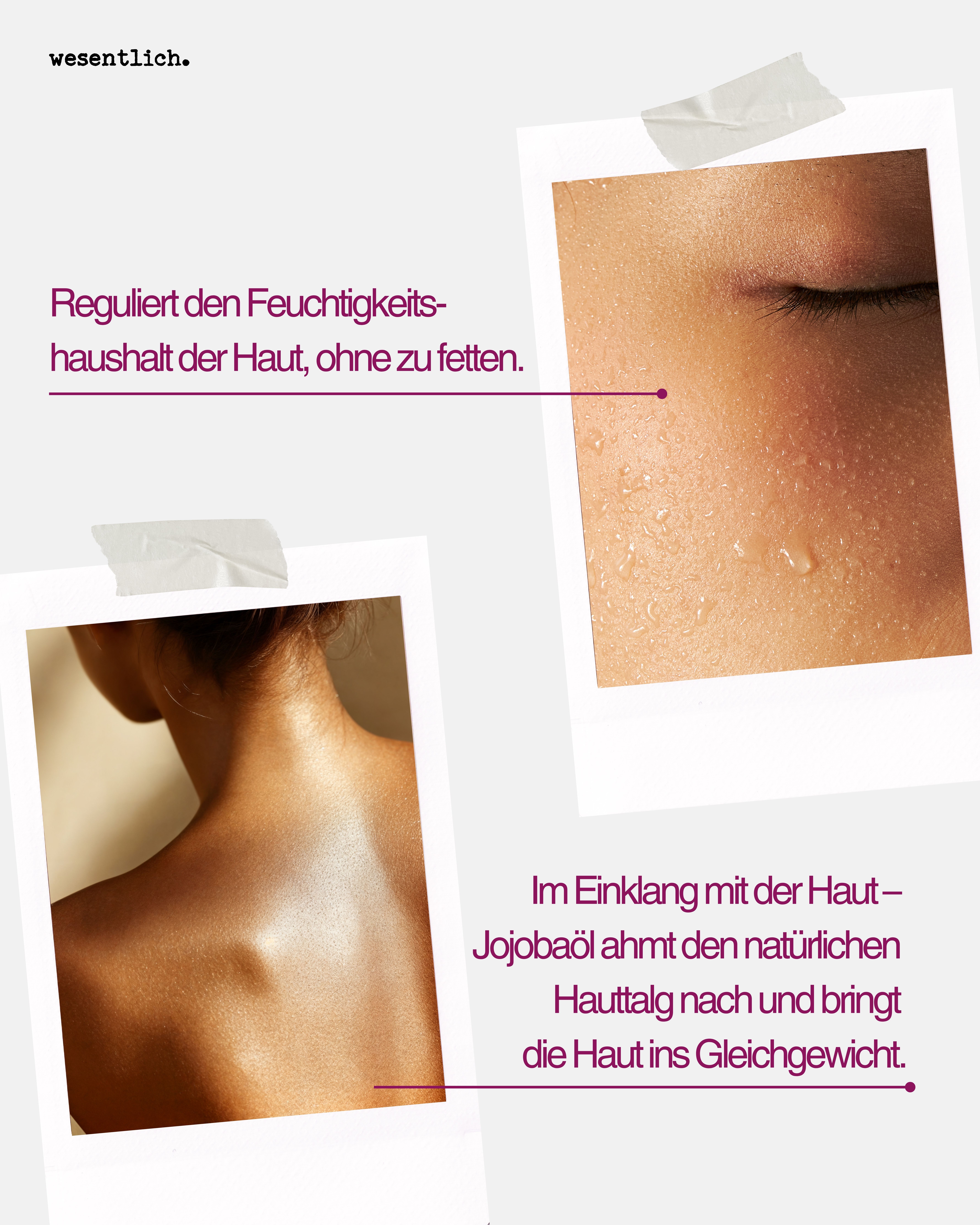 Nahaufnahme von Haut mit Wassertropfen und Schulterpartie, daneben Text über Feuchtigkeitsregulierung durch Jojobaöl.
