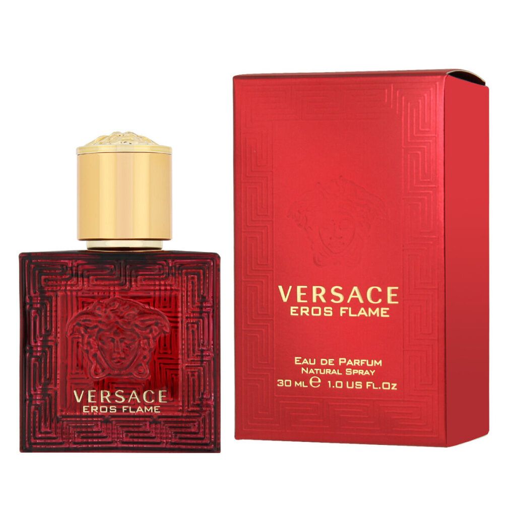 Roter Flakon und Schachtel. Aufschrift: Versace Eros Flame Eau de Parfum. 30 ml.