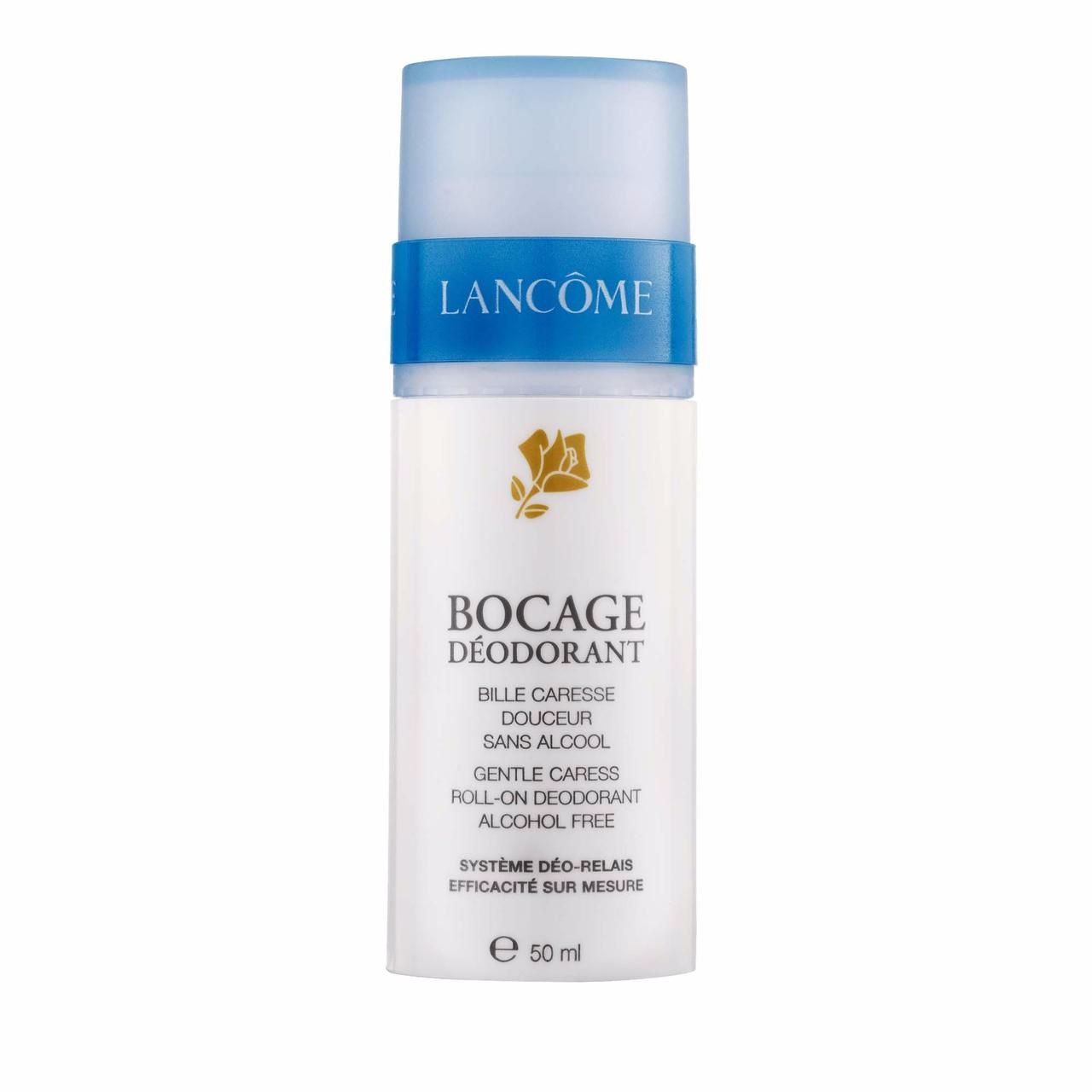 Roll-On-Deodorant von Lancôme. Weißes Gehäuse mit blauem Deckel und Band. Aufschrift: Bocage Déodorant.