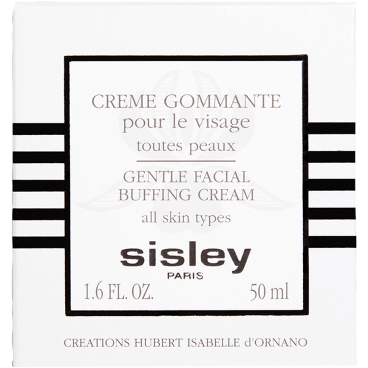 Weiße Verpackung mit Text: Creme Gommante pour le visage, Gentle Facial Buffing Cream, Sisley Paris. 1.6 FL. OZ. 50 ml.