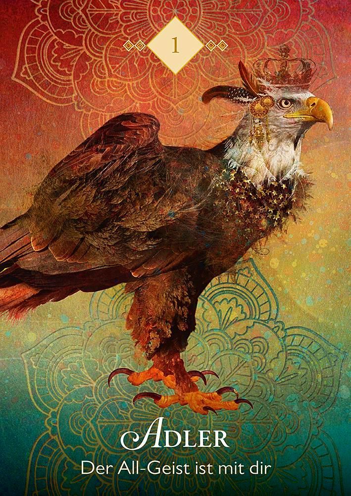 Orakelkarte mit einem Adler. Die Karte hat eine goldene Umrandung. Der Titel "Adler" und ein Satz sind sichtbar.