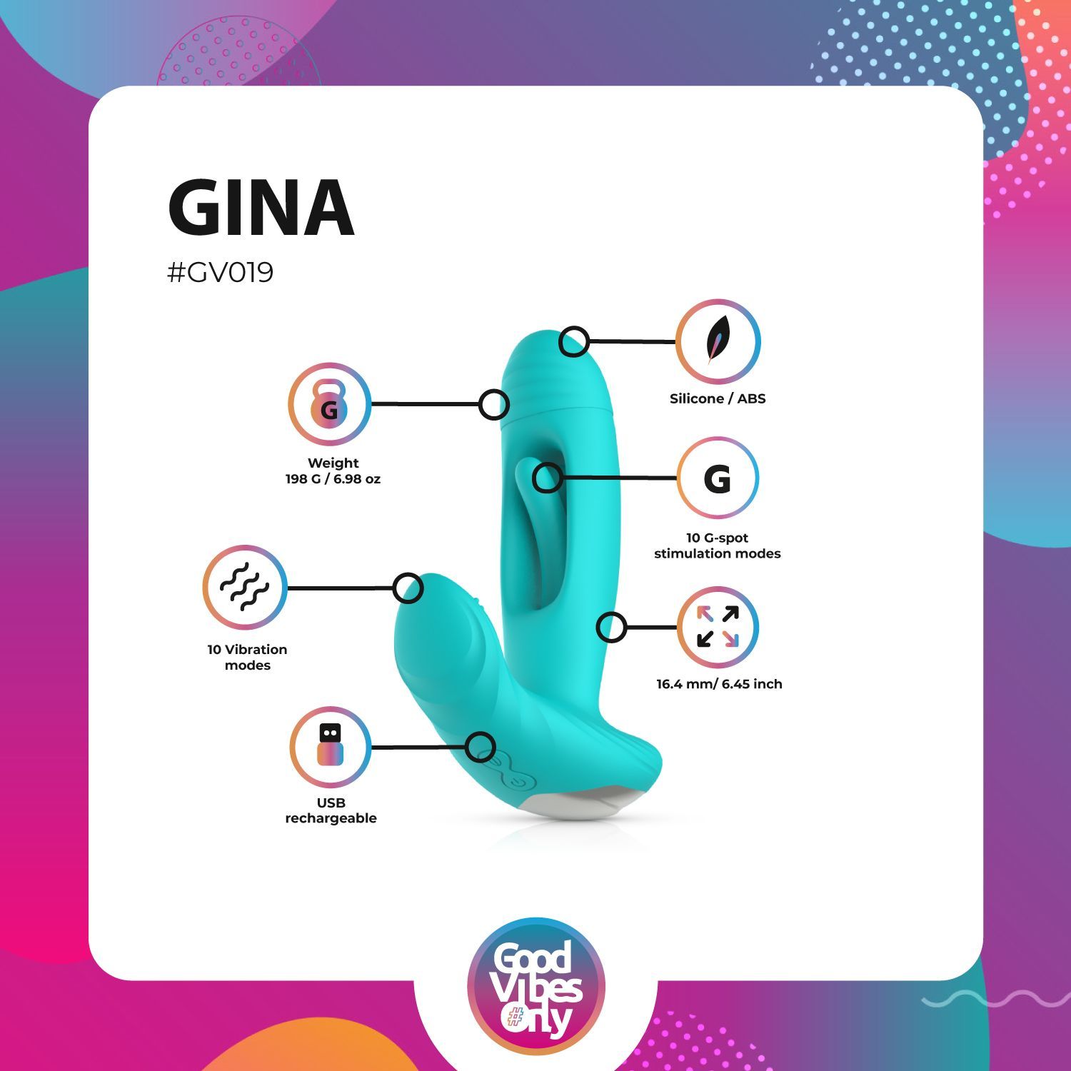 Infographie avec produit de bien-être turquoise. Contient des informations sur le poids, les modes et les matériaux.