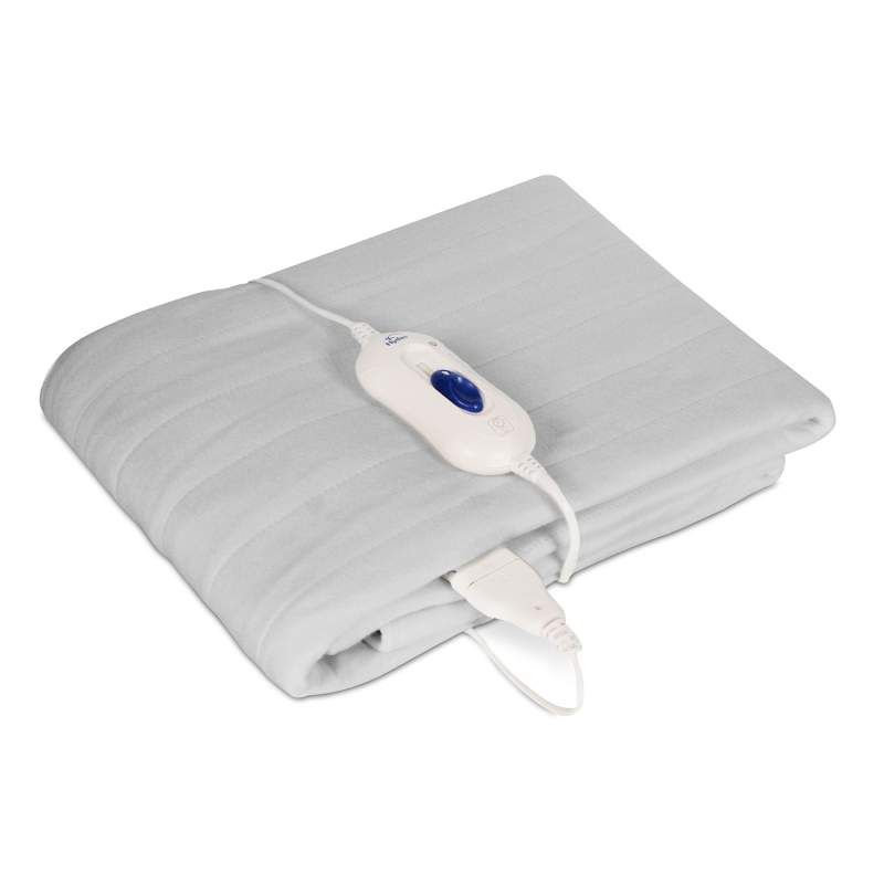 Graues Wärmeunterbett mit Kabel und Steuerung. Sichtbare Steuerung mit blauem Knopf.