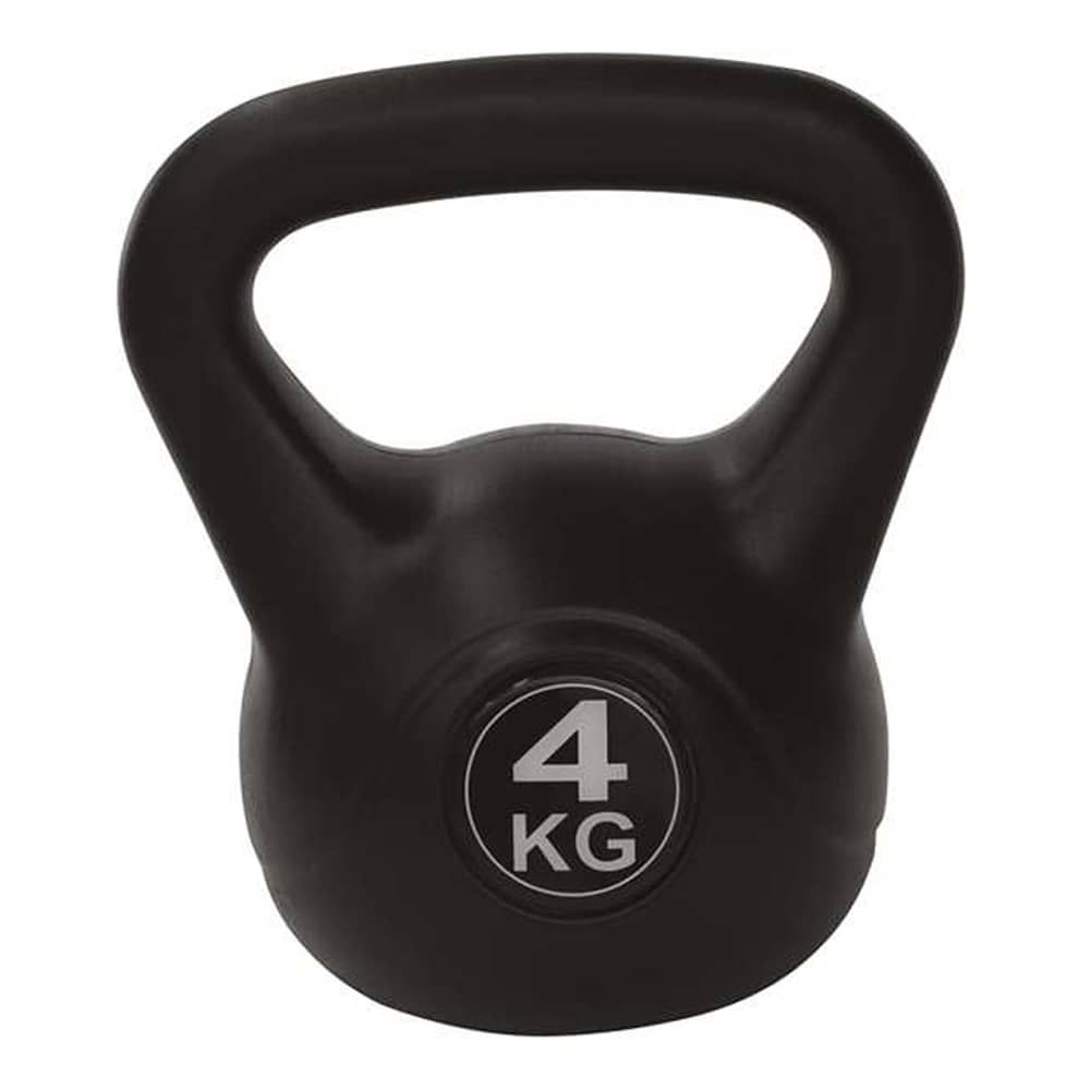 Schwarze Kettlebell. Auf der Vorderseite steht "4 KG". Mit Griff.