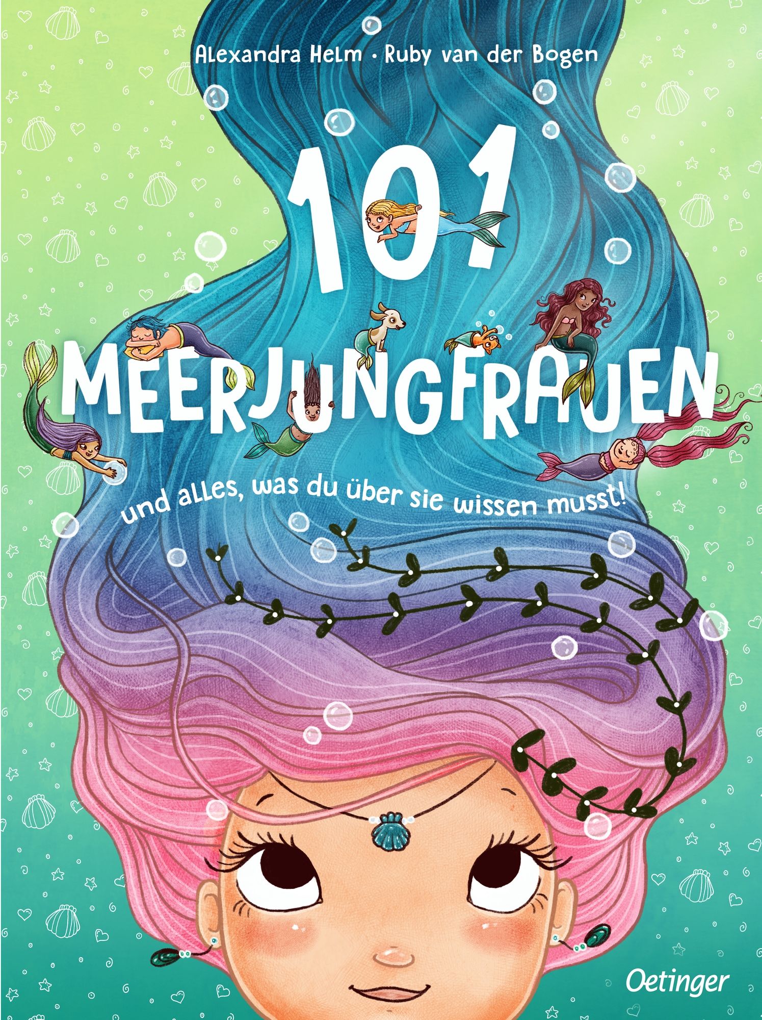 Buchcover: 101 Meerjungfrauen. Titel in großer Schrift, Illustration einer Meerjungfrau mit rosa Haaren. Oetinger-Verlag.