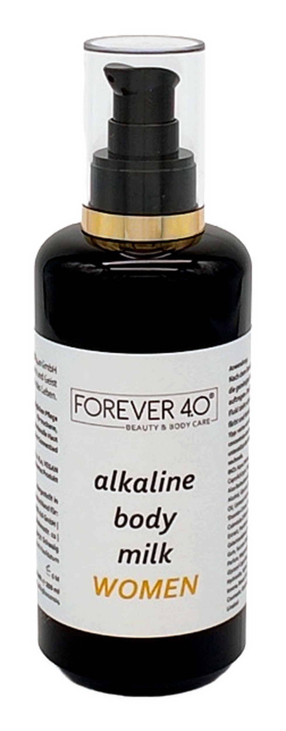 Schwarze Flasche mit Pumpe. Aufschrift: FOREVER 40, alkaline body milk, WOMEN.