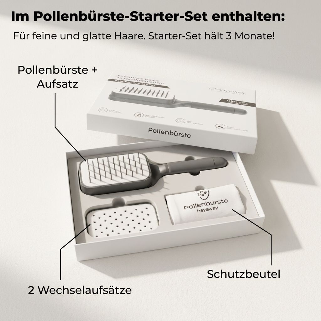Geöffnete Box mit Bürste, Ersatzaufsätzen und Beutel. Text: Pollenbürste + Aufsatz, 2 Wechselaufsätze, Schutzbeutel.