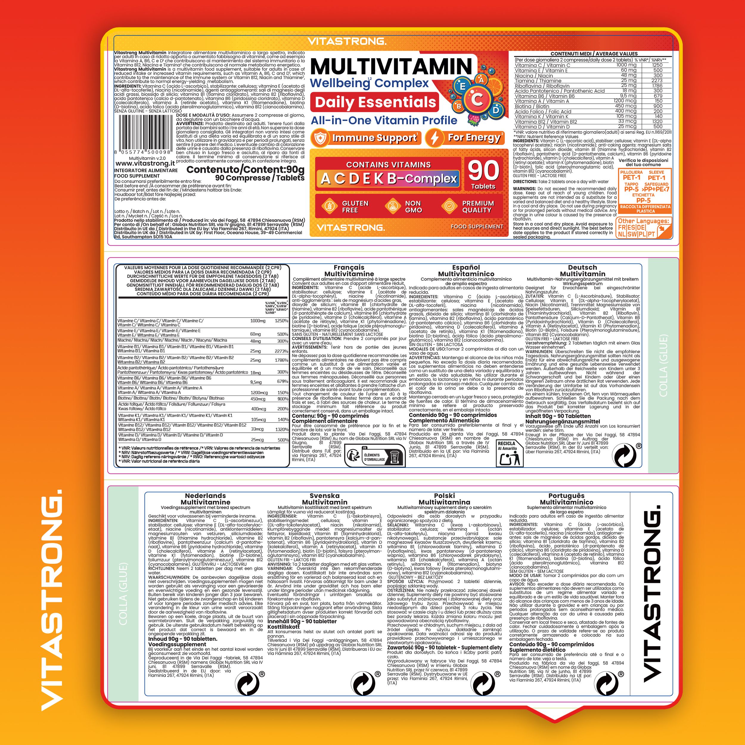 Rückseite der Vitastrong Multivitamin-Verpackung. Mehrsprachige Informationen, Nährwertangaben, Inhaltsstoffe.