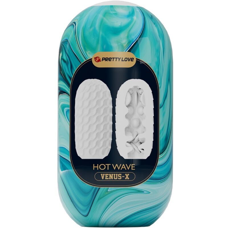 Masturbator in Verpackung. Blau-grüne Marmorierung. Produktansicht mit geöffnetem und geschlossenem Teil. Aufschrift: 'HOT WAVE VENUS-X'.